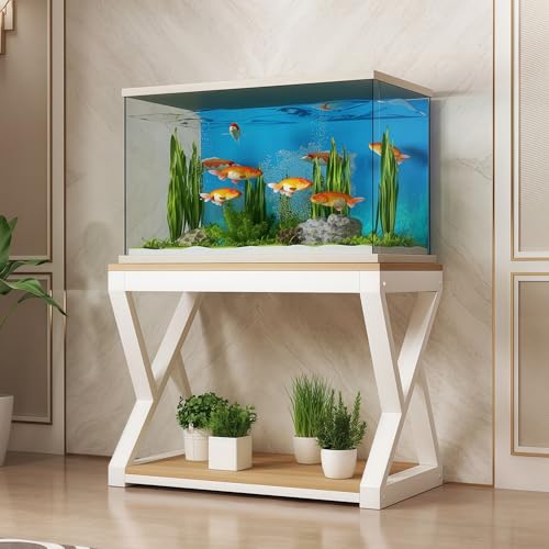 Two-tier Aquarium Stand,Minimalist Aquarium Table,Unique Design,High Load Capacity, Easy To Install, Ideal For Home Use(White+Light Walnut,15.7x15.7in) - color: White+Light Walnut, size: 15.7x15.7in
