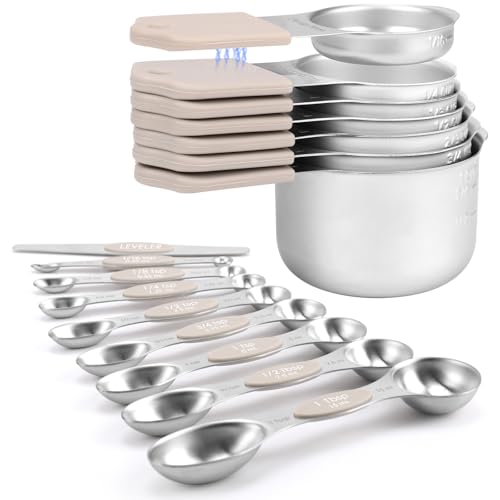 Magnetic Measuring Cups and Spoons Set-Heavy Duty 304 Stainless Steel | Double Measurement Markings,BPA-Free,Set of 16 with Leveler for Measuring Dry and Liquid Ingredients(Khaki) - color: Khaki