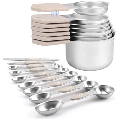 Magnetic Measuring Cups and Spoons Set-Heavy Duty 304 Stainless Steel | Double Measurement Markings,BPA-Free,Set of 16 with Leveler for Measuring Dry and Liquid Ingredients(Khaki) - color: Khaki