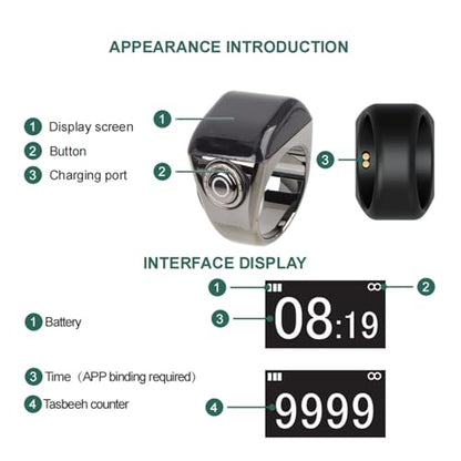 Bewinner Smart Tasbih Finger Counter, Rechargeable Pray Time Reminder Digital Finger Rings, IP67 Water Proof Smart Ring Counter for Muslims, Prayer, Reminder (20mm)