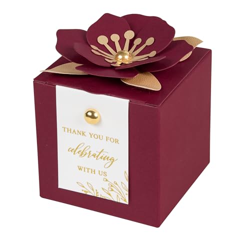 FEIYI 20 PCS Favor Boxes, 3 In 1Burgundy Candy Boxes with Floral Decor, White Thank You Tags Gold Foil Print Gift wrapping for Wedding, Baby Shower, Birthday, Decorations Party - 2.55x2.55x2.55 - color: Burgundy, size: Small-(2.55")