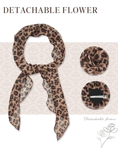 Chiffon Scarf for Women, Removable Flower Neck Scarf Light Soft Fashion Rose Scarves Versatile Headband or Hair Band - color: Leopard Brown