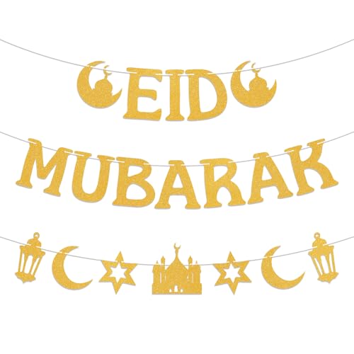 Gold Glitter Eid Mubarak Banner and Garland Set, Pre-Assembled Islamic Party Decor with Mosque Lantern Moon Star for Eid al-Fitr Home Wall Festival Decorations