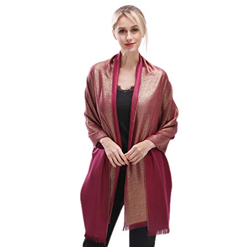 LMVERNA Women's Sparkling Metallic Soft Pashmina Shawls and Wraps Scarf in Solid Colors - color: Maroon-glod