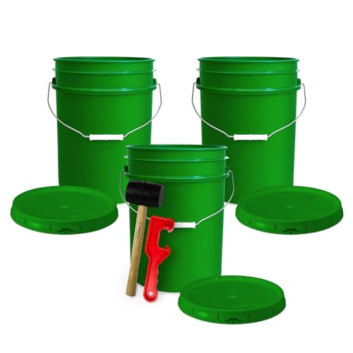 5 Gallon Bucket w/Lid, Food Grade BPA-Free, 3 Pack, Green | Airtight Lid, Mallet and Lid Opener Included, Heavy-Duty 90 Mil HDPE Plastic, Food-Safe Durable Container, Made in USA - color: Green, size: 3 Packs