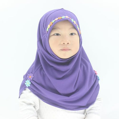 Girls Instant Hijab – Soft Kids Muslim Scarf with Flower, Breathable One-Piece Headscarf for Toddlers Age 2-8 - color: Small Flower-purple