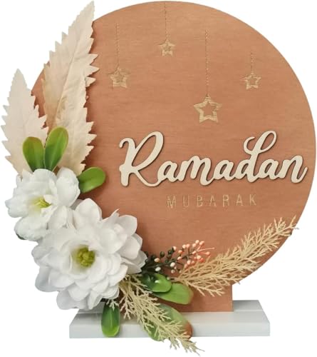 Ramadan Mubarak Artificial Flower Decorations, 12.2in Round Shape Wreaths Desktop Decor, Eid Al-fitr Mubarak Table Ornaments for Muslim Home Desk Fireplace Party Supplies