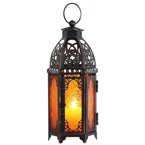 NEEDOMO 11'' Moroccan Lanterns Decorative Indoor & Outdoor, Vintage Christmas Candle Holder, Metal Lanterns Decorative, Table, Patio, Porch, Shelf, Christmas Spring Halloween Home Decor (Amber) - color: Amber, size: Medium