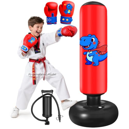 Inflatable Punching Bag for Kids: Qoosea 48 Inches Kids Bop Bag Boxing Gloves & Air Pump Dinosaur Toy Gift for Toddler & Kid Ages 3-8,Freestanding Punching Bag Easy to Inflate,Boxing Bag - color: Red