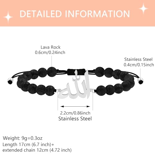 Allah Beaded Bracelet for Men and Women, Adjustable Islamic Faith Jewelry, Symbol of the One True God, Spiritual Muslim Charm Gift YS6042 - color: Black Lava Stone