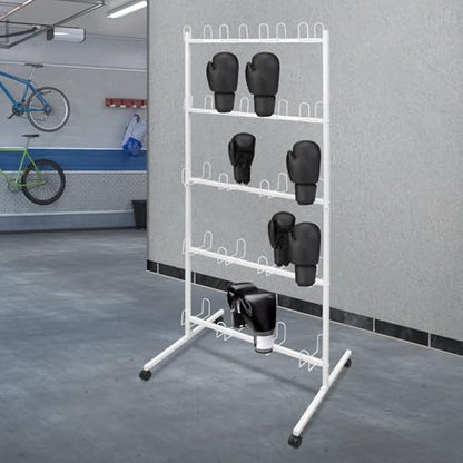 Boxing Gloves Drying Rack with Wheels, 5-Tier Metal Storage Stand Holds 20 Pairs, Freestanding Boxing Glove Organizer for Gym Home Training Room, White