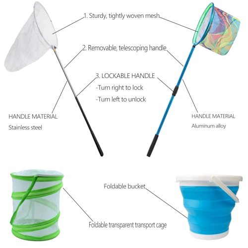FishNetButterfly Net Insect Habitat Cage with FoldingBucketandTelescopic Handle forOutdoorCapturing of SmallFishShrimpButterflies - color: green