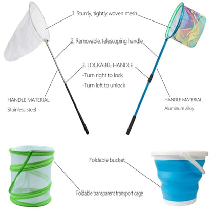 FishNetButterfly Net Insect Habitat Cage with FoldingBucketandTelescopic Handle forOutdoorCapturing of SmallFishShrimpButterflies - color: green