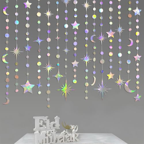 Iridescent Party Decorations Holographic Star Moon Circle Dot Garland Hanging Crescent and Twinkle Little Star Streamer Bunting Banner for Birthday Ramadan EID Mubarak Euphoria Karaoke Music Decor