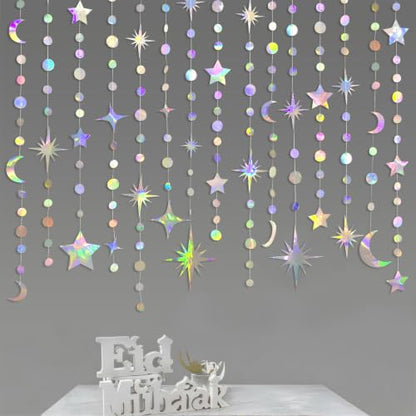 Iridescent Party Decorations Holographic Star Moon Circle Dot Garland Hanging Crescent and Twinkle Little Star Streamer Bunting Banner for Birthday Ramadan EID Mubarak Euphoria Karaoke Music Decor