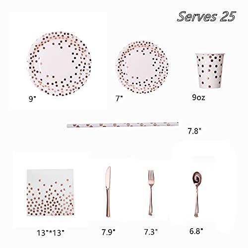 200Pcs Rose Gold Party Supplies - Rose Gold Dot on White Paper Plates and Napkins Cups Silverware Serves 25 Sets for Wedding Bridal Shower Engagement Birthday Parties.(Rose gold dot) - color: Rose gold dot