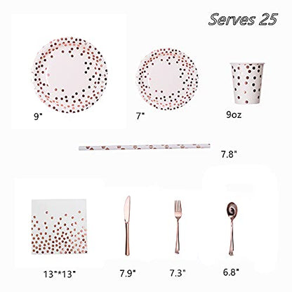 200Pcs Rose Gold Party Supplies - Rose Gold Dot on White Paper Plates and Napkins Cups Silverware Serves 25 Sets for Wedding Bridal Shower Engagement Birthday Parties.(Rose gold dot) - color: Rose gold dot