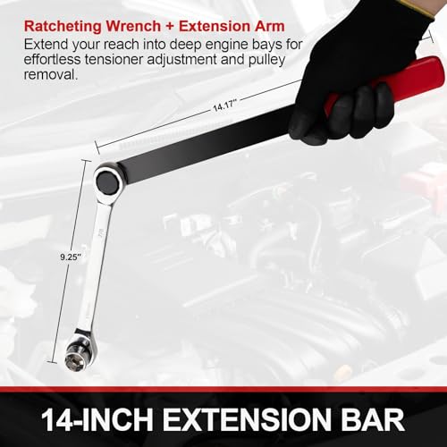 15PCS Serpentine Belt Tool Kit for Belt Removal & Installation | Professional Serpentine Belt Tensioner Tool Kit with Ratcheting Wrench, 13-19mm Sockets, Crowfoot Wrenches, CR-V Steel
