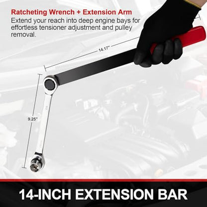 15PCS Serpentine Belt Tool Kit for Belt Removal & Installation | Professional Serpentine Belt Tensioner Tool Kit with Ratcheting Wrench, 13-19mm Sockets, Crowfoot Wrenches, CR-V Steel