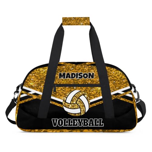 Custom Volleyball Bag with Name, Personalized Sports Bag for Teens Waterproof Weekender Carry Training Travel Bag, Gold Sequins Glitters with Black (Not real Glitter) - color: Gold Black