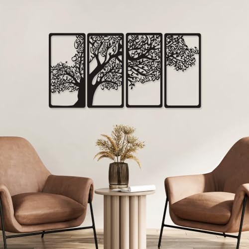 YATEASLU 4 Quls Islamic Wall Art Set - Metal Arabic Calligraphy Decor | Set of 4 matte black metal surah tree plaques.Features Al-Falaq,An-Nas,Al-Kafirun,Al-Ikhlas.Pre-drilled with screws.