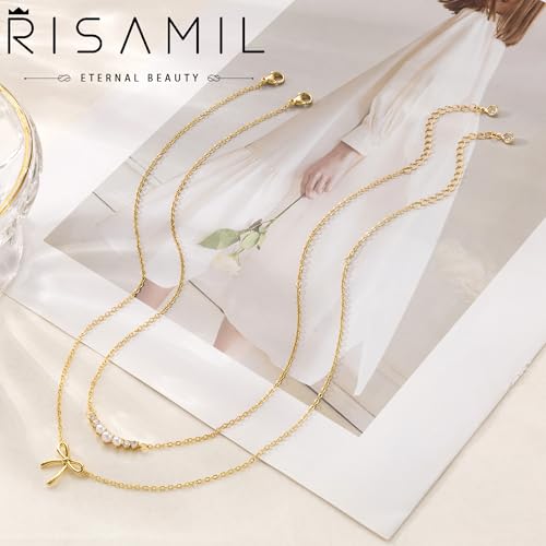 Risamil 여성용 골드 목걸이 - 리본 목걸이 14K 앙증맞은 골드 목걸이 귀엽고 작은 나비 펜던트 초커 체인 목걸이 트렌디 목걸이 여성용 골드 주얼리 선물 - color: 리본 목걸이-8