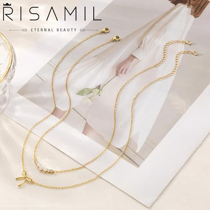 Risamil 여성용 골드 목걸이 - 리본 목걸이 14K 앙증맞은 골드 목걸이 귀엽고 작은 나비 펜던트 초커 체인 목걸이 트렌디 목걸이 여성용 골드 주얼리 선물 - color: 리본 목걸이-8