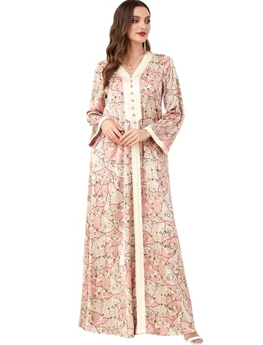 ODIZLI Abaya Dress For Women Muslim V Neck Floral Print Prayer Dress Dubai Islamic Kaftan for Eid Ramadan - color: Pink, size: X-Large