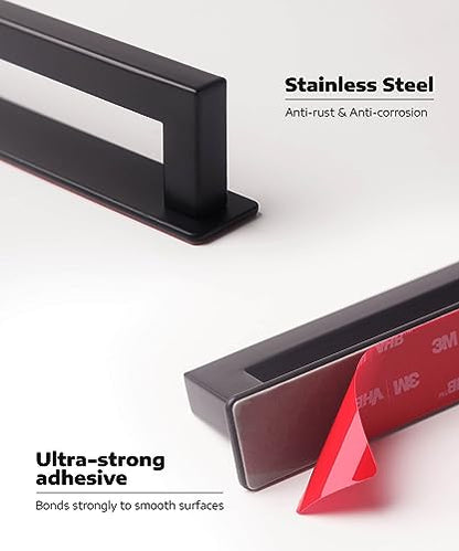 RVPEKUPE Adhesive Cabinet Handles, Matte Black, 6", 2-Pack | Stainless Steel Feel, Square Bar Grip with Base, Stick On Handle, No Drill Pulls for Drawer Closet Glass Sliding Shower Door - size: Overall Length 6"