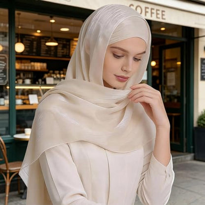 Premium Hijab Head Scarf for Women Lightweight Shimmer Hijab Head Wrap Scarves Crepe Satin Scarf Shawl Wrap - color: Beige