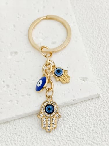 Blue Evil Eye Keychain Hamsa Hand Protection Keyring Good Luck Amulet for Purse Keys,Spiritual Gift for Women Men - color: Gold-5