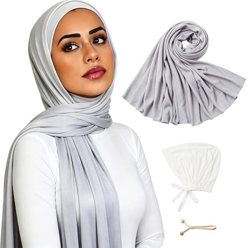Hijab Scarf for Women, 3PCS Set with Undercap and Hijab Clip Lightweight Modal Muslim Head Wrap Scarf for Daily - color: Sy8-grey Hijab+white Undercap
