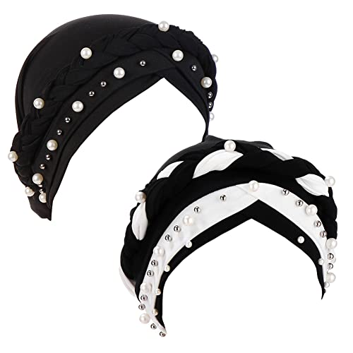Fxhixiy Women Chemo Beanie Beaded Pearl Braid Turban Headwear for Hair Loss - color: Black Black/White