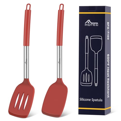 HOTEC Silicone Spatula Set of 2 Heat-Resistant 600°F & BPA-Free Kitchen SaptulaTurner with Stainless Steel Handles, Slotted & Solid Spatulas for Nonstick Cookware, 13.7 Inch, Red - color: Red