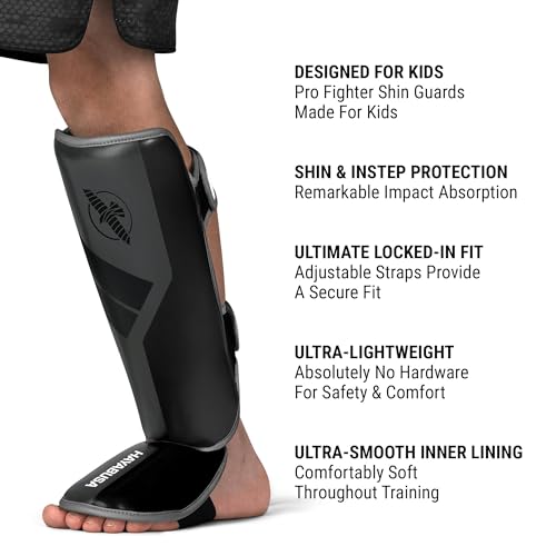 Hayabusa S4 Kids Shin Guards, Muay Thai, MMA, Kickboxing, Martial Arts - color: Charcoal, size: Large-X-Large
