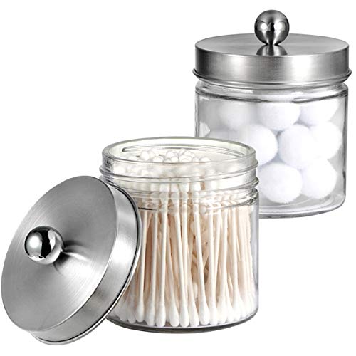 SheeChung Glass Mason Jar Qtip Holder Dispenser, Brushed Nickel Lids,2 Pack | Clear Apothecary Jar,Stainless Steel Lids,Small Bathroom Jars Canisters,Vanity Storage Organizer for Cotton Swabs,Balls,Floss - color: Brushed Nickel, size: 2 Pack