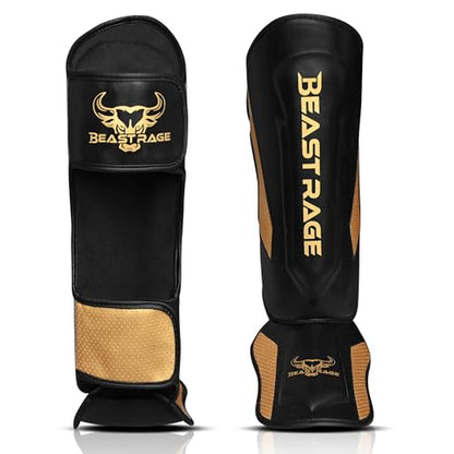 BEAST RAGE MMA Martial Arts Shin Guards for Kickboxing Adjustable Muay Thai, Padded Martial Arts Shin Pads Leg Guard with Instep Sleeves MMA Training BJJ Karate Boxing Taekwondo - color: GOLDEN, size: X-Large