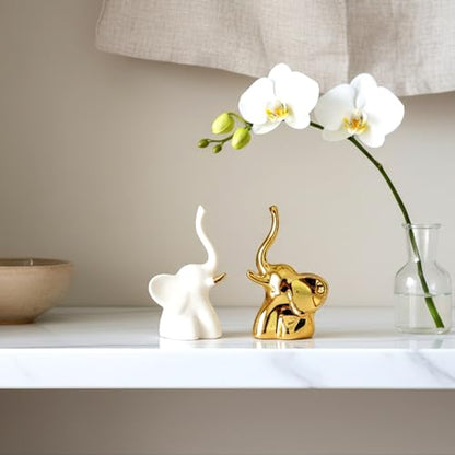 Home Decor Elephant Statues,1 Pair, Small Decorative Accents for Shelves, Livingroom and Bedroom, Gold and White