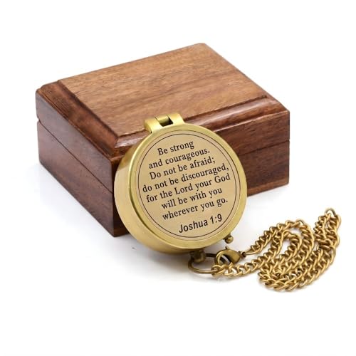 Compass – Brass Directional Vintage Compass Engraved with “Be Strong and Courageous” Joshua 1:9 Bible Verse, Baptism 2026 Communion Christian Inspirational Gifts for Women/Men - style: Be Strong 3- Wood Box