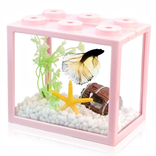 Small Betta Fish Tank, Stackable Mini Fish Tank Tiny Aquarium Tank Kit with Aquarium Gravel & Resin Decorations, 0.6 Gallon Cube Desktop Fishbowl for Snails, Crabs, Starfish (Pink) - color: Pink