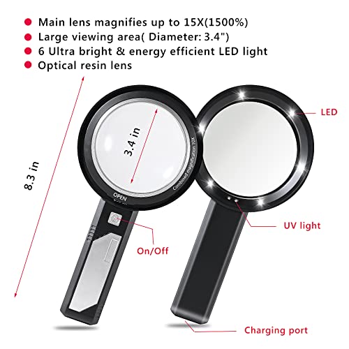 Magnifying Glass with Light, USB Rechargeable 5X 10X 15X Handheld Magnifying Glass Double Lens Magnifier 8 Light for Reading Small Prints, Seniors Reading, Books, Map, Coins - style: 5X 10X 15X-3.3in