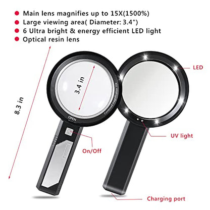 Magnifying Glass with Light, USB Rechargeable 5X 10X 15X Handheld Magnifying Glass Double Lens Magnifier 8 Light for Reading Small Prints, Seniors Reading, Books, Map, Coins - style: 5X 10X 15X-3.3in