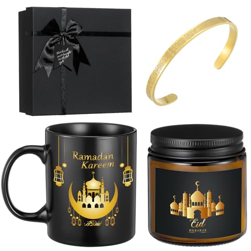 Meanplan 4 Pcs Islamic Ramadan Eid Gifts Mubarak Mug Ramadan Scented Candles Allah Gold Bangles Bracelets Jewelry Gift for Muslim Men and Women Eid Holidays New Year Gifts (Grandeur,Gold, Black) - color: Gold, White, style: Grandeur