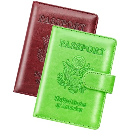 Herain Passport Holder for Travel Essentials, 2 Pcs Passport Cover Wallet Case Travel Gifts Women Men Family, RFID Passports Book Card Holders Travels Cruise Accessories Must Haves - color: B-Wine Red + Green, style: Upgraded