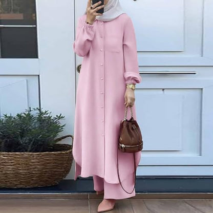 Women's Muslim 2 Pieces Sets Long Sleeve Button Down Shirt and Pants Abaya Casual Dress Dubai Outfits - color: Pink, size: Medium