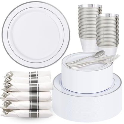 175PCS White Silver Plastic Dinnerware Set for 25 Guests, Fancy Disposable Plates for Party, Include: 25 Dinner Plates, 25 Dessert Plates, 25 Pre Rolled Napkins with Silver Silverware, 25 Cups - color: White and Silver