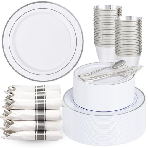 175PCS White Silver Plastic Dinnerware Set for 25 Guests, Fancy Disposable Plates for Party, Include: 25 Dinner Plates, 25 Dessert Plates, 25 Pre Rolled Napkins with Silver Silverware, 25 Cups - color: White and Silver