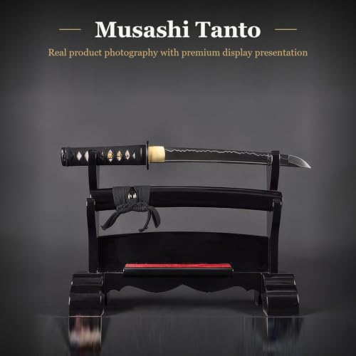 Musashi Crest Tanto, 1045 Carbon Steel Hand Forged Full Tang Japanese Sword | hand-sharpened for tameshigiri, wavy temper, bo-hi groove, openwork guard, rayskin grip