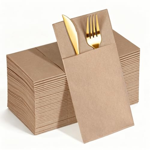 KAMMAK Khaki Napkins Disposable with Pocket 100 Pack Cloth like Paper Dinner Napkins Folded Hand Towel for Party Decoration, Wedding Reception, Bathroon and Kitchen (16.5 x 16.5 inch) - color: Khaki