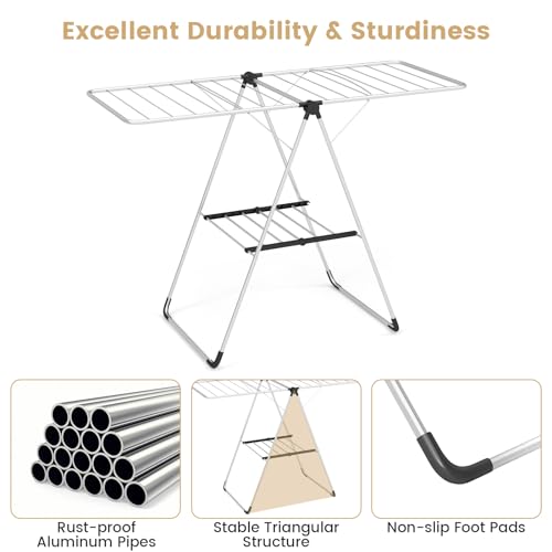 Tangkula Collapsible Clothes Drying Rack, 2-Level Folding Aluminum Drying Rack w/Height-Adjustable Wings, Bottom Shoe Rack, Space-Saving Laundry Drying Rack for Indoor & Outdoor Use, Silver